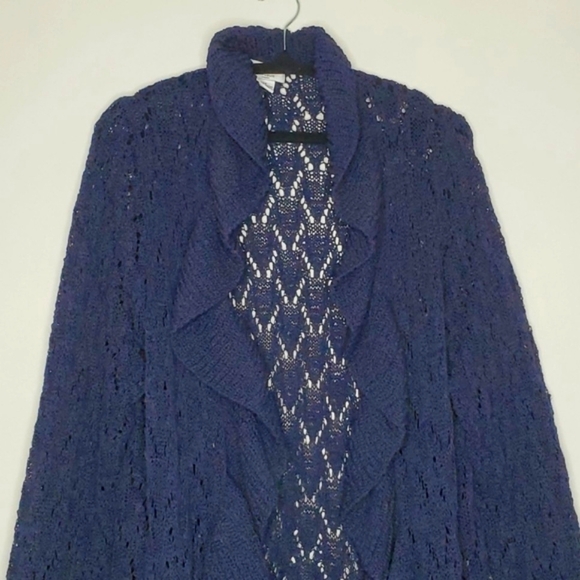 Plus Size 2X Long Sleeve Ruffle Trim Open Front Cardigan Navy Sweater Romantic - Picture 2 of 11